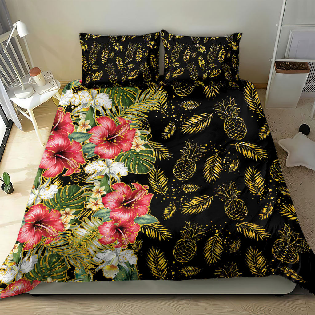 Hawaii Discoverers Day Bedding Set Tropical Hibiscus Glitter Black LT05 - Polynesian Pride