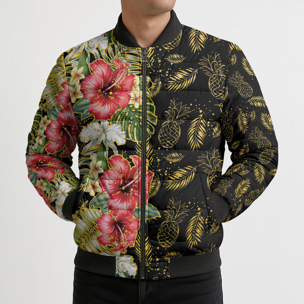 Hawaii Discoverers Day Bomber Puffer Jacket Tropical Hibiscus Glitter Black LT05 - Polynesian Pride