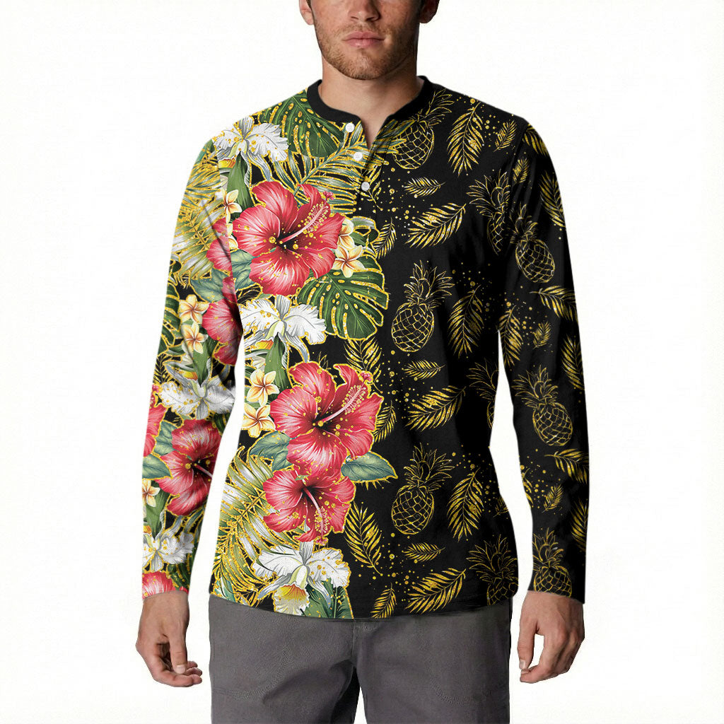 Hawaii Discoverers Day Button Sweatshirt Tropical Hibiscus Glitter Black LT05 - Polynesian Pride