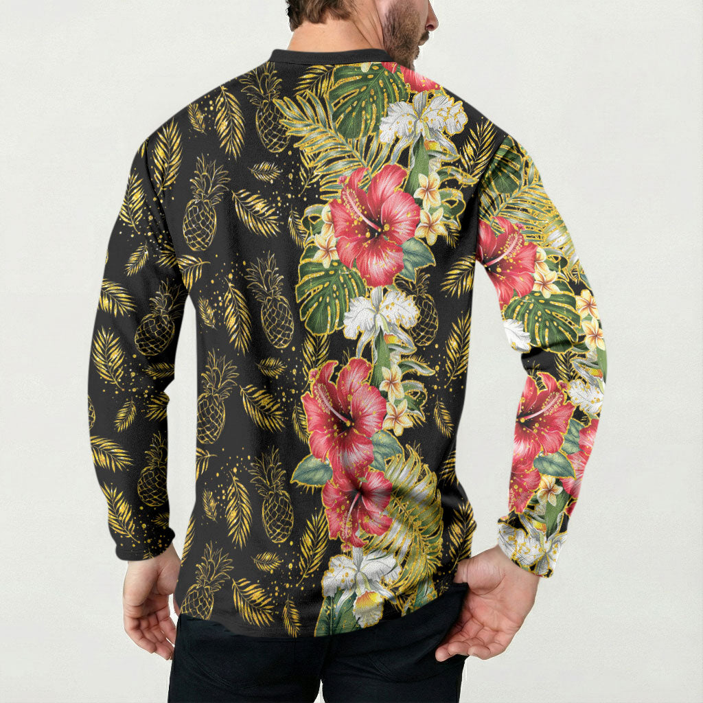 Hawaii Discoverers Day Button Sweatshirt Tropical Hibiscus Glitter Black LT05 - Polynesian Pride