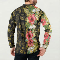 Hawaii Discoverers Day Button Sweatshirt Tropical Hibiscus Glitter Black LT05 - Polynesian Pride