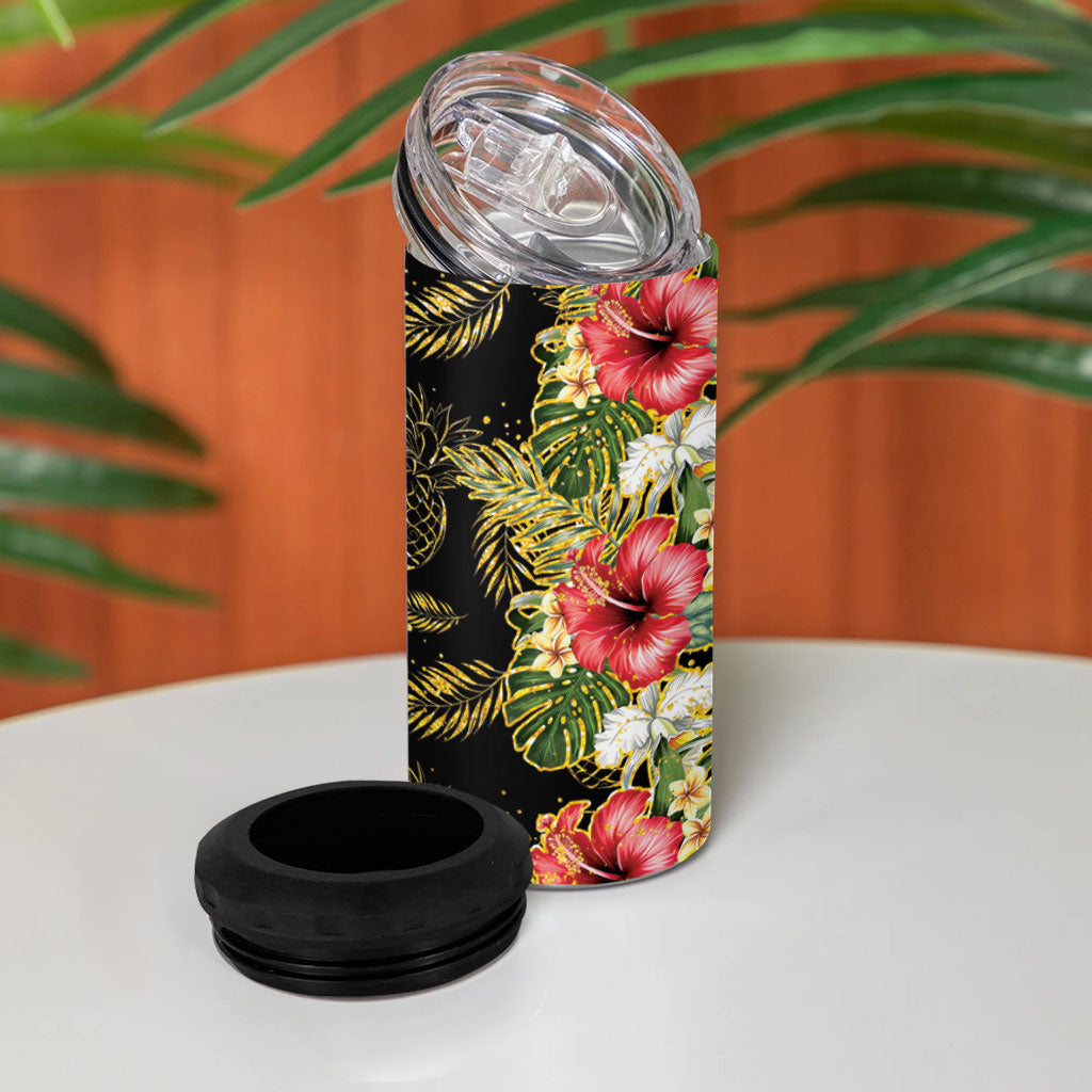 Hawaii Discoverers Day 4 in 1 Can Cooler Tumbler Tropical Hibiscus Glitter Black LT05 - Polynesian Pride
