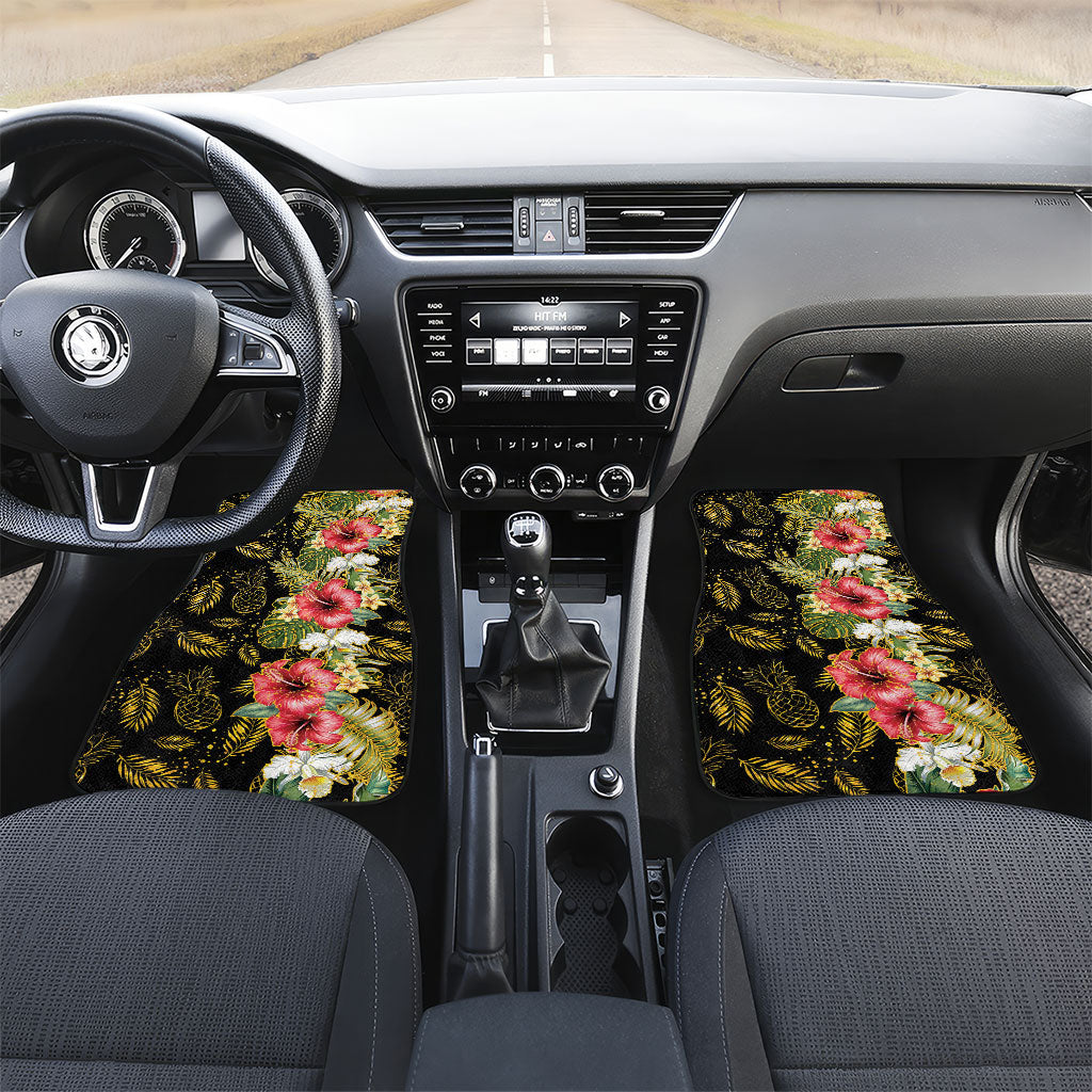 Hawaii Discoverers Day Car Mats Tropical Hibiscus Glitter Black LT05 Set 2pcs - Front Black - Polynesian Pride
