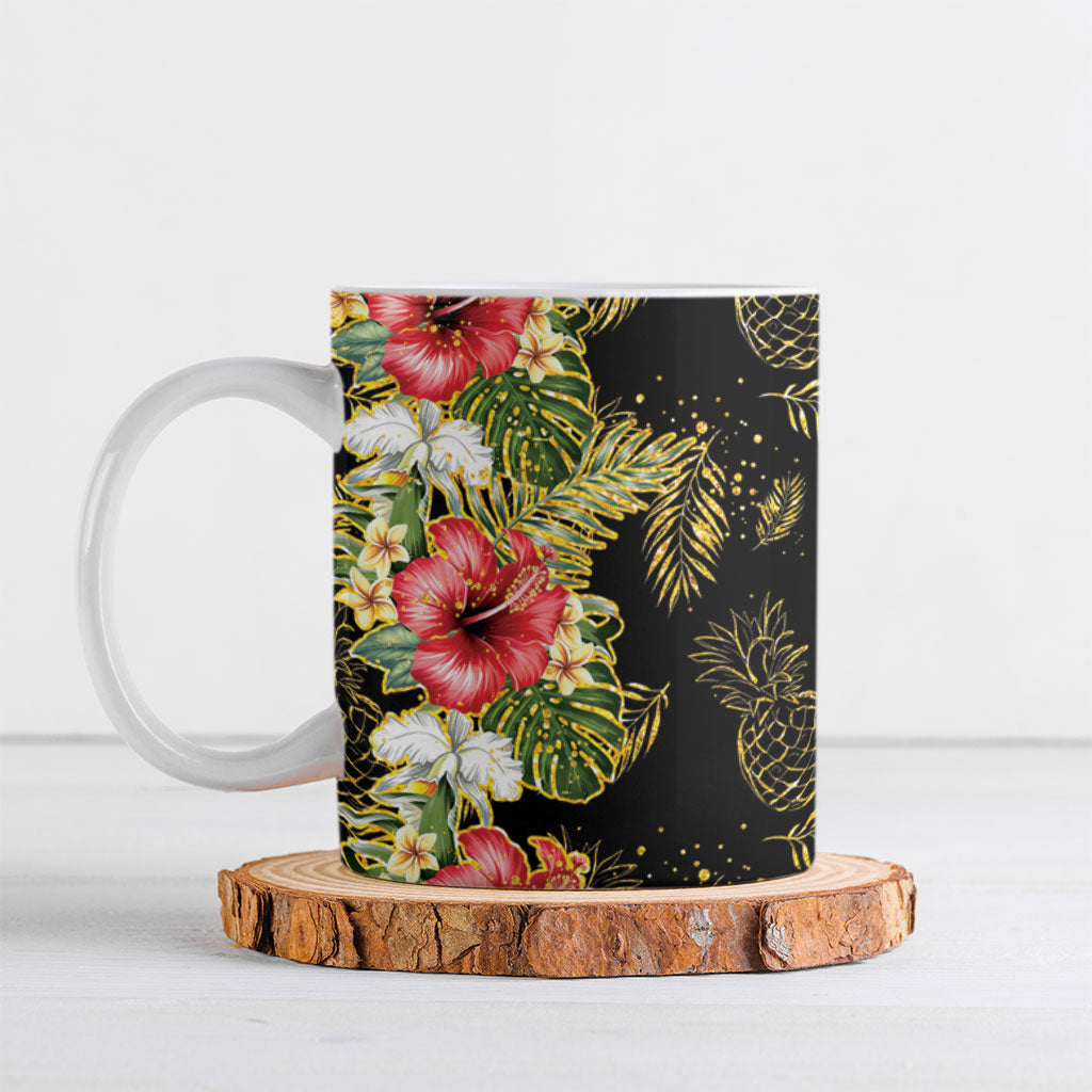 Hawaii Discoverers Day Ceramic Mug Tropical Hibiscus Glitter Black