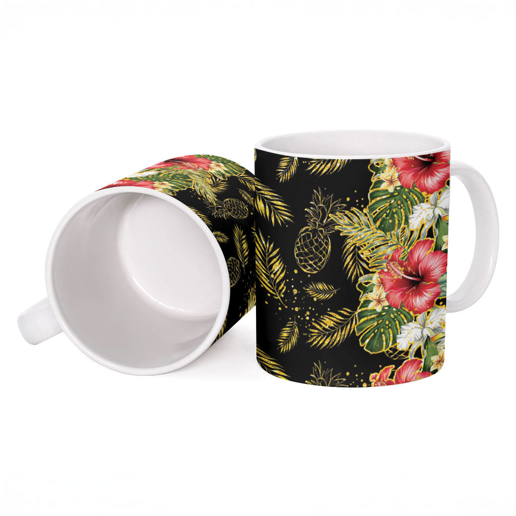 Hawaii Discoverers Day Ceramic Mug Tropical Hibiscus Glitter Black