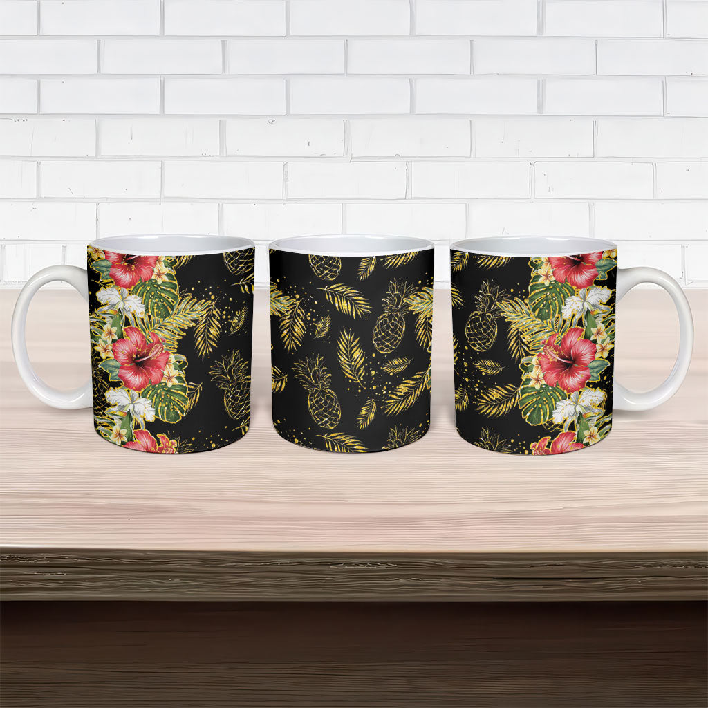 Hawaii Discoverers Day Ceramic Mug Tropical Hibiscus Glitter Black