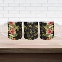 Hawaii Discoverers Day Ceramic Mug Tropical Hibiscus Glitter Black