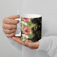 Hawaii Discoverers Day Ceramic Mug Tropical Hibiscus Glitter Black