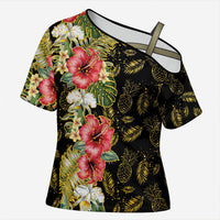 Hawaii Discoverers Day Cross Shoulder Shirt Tropical Hibiscus Glitter Black LT05 Female Black - Polynesian Pride