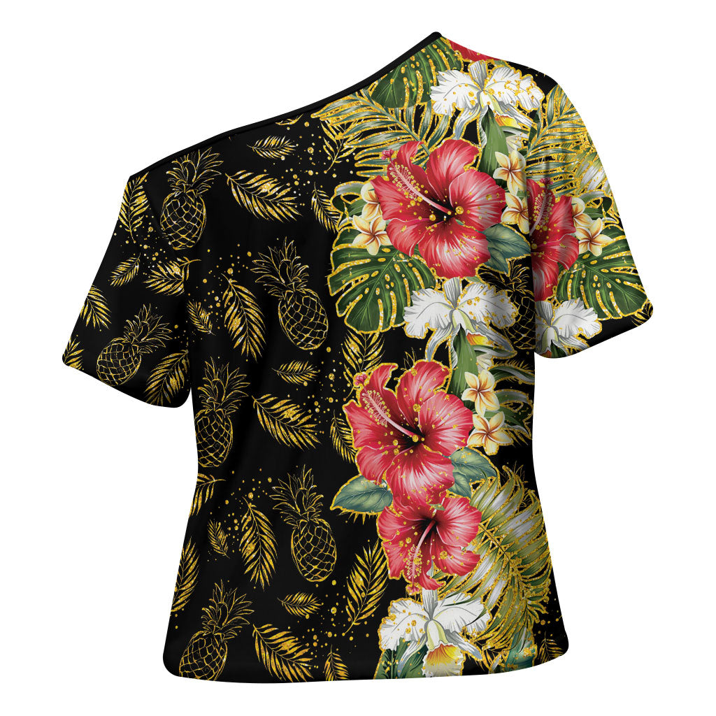 Hawaii Discoverers Day Cross Shoulder Shirt Tropical Hibiscus Glitter Black LT05 - Polynesian Pride
