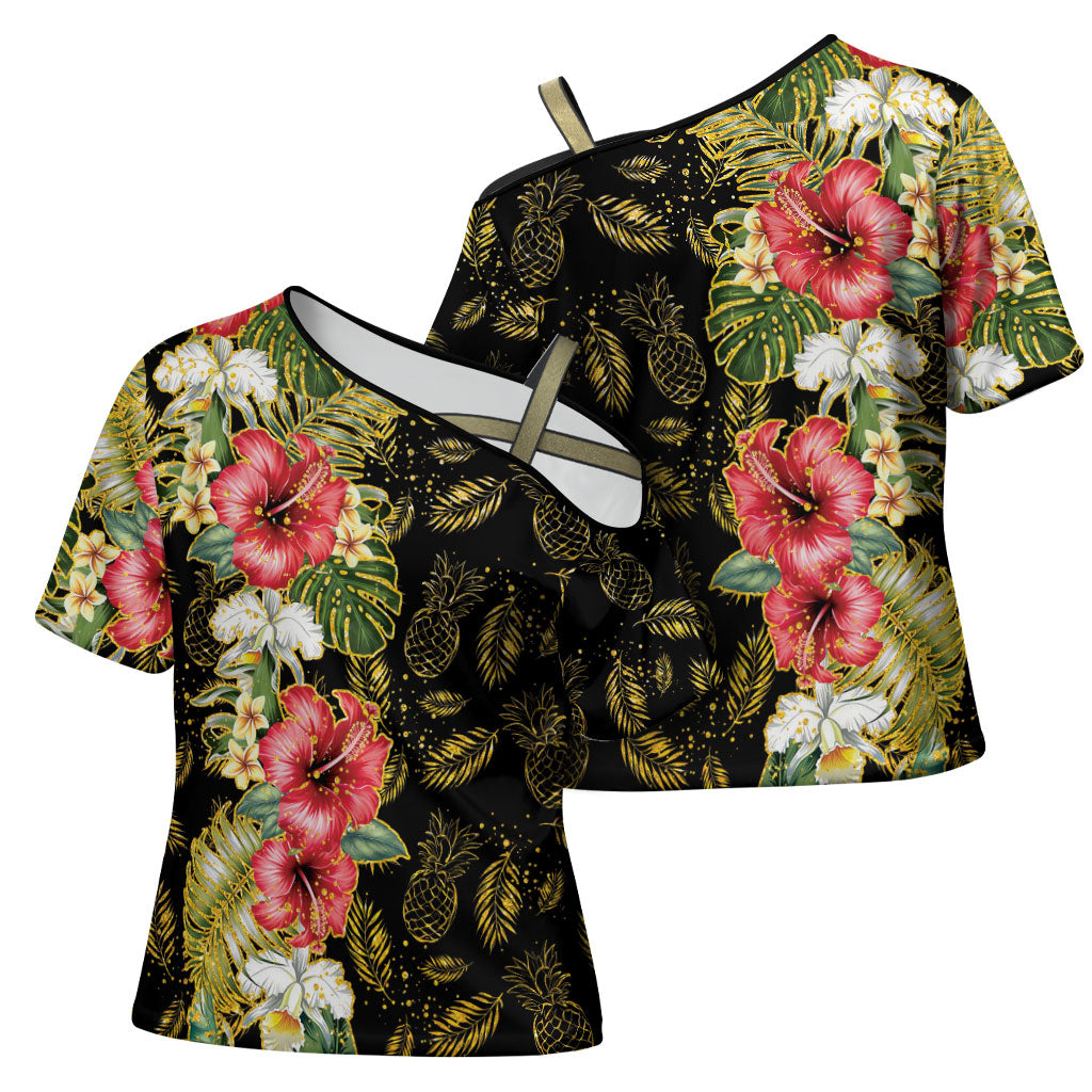 Hawaii Discoverers Day Cross Shoulder Shirt Tropical Hibiscus Glitter Black LT05 - Polynesian Pride