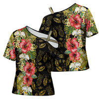 Hawaii Discoverers Day Cross Shoulder Shirt Tropical Hibiscus Glitter Black LT05 - Polynesian Pride