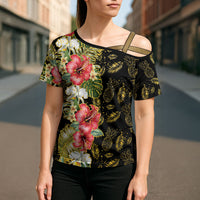 Hawaii Discoverers Day Cross Shoulder Shirt Tropical Hibiscus Glitter Black LT05 - Polynesian Pride
