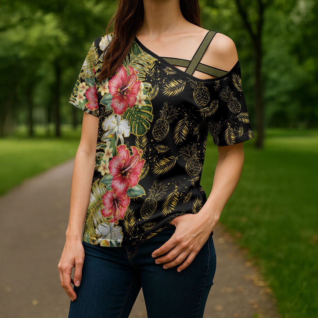 Hawaii Discoverers Day Cross Shoulder Shirt Tropical Hibiscus Glitter Black LT05 - Polynesian Pride