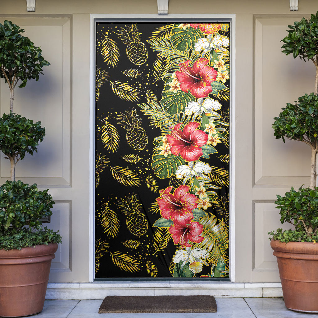 Hawaii Discoverers Day Door Cover Tropical Hibiscus Glitter Black
