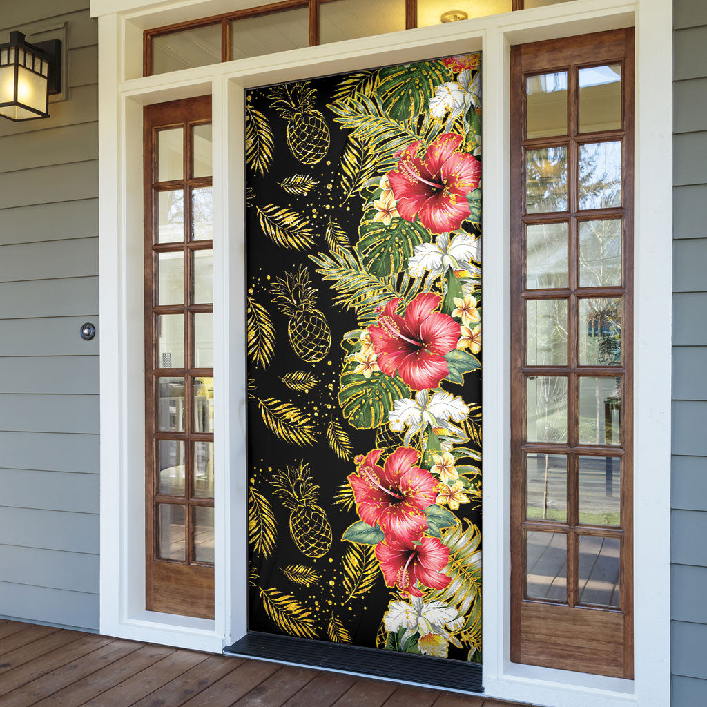 Hawaii Discoverers Day Door Cover Tropical Hibiscus Glitter Black LT05 - Polynesian Pride