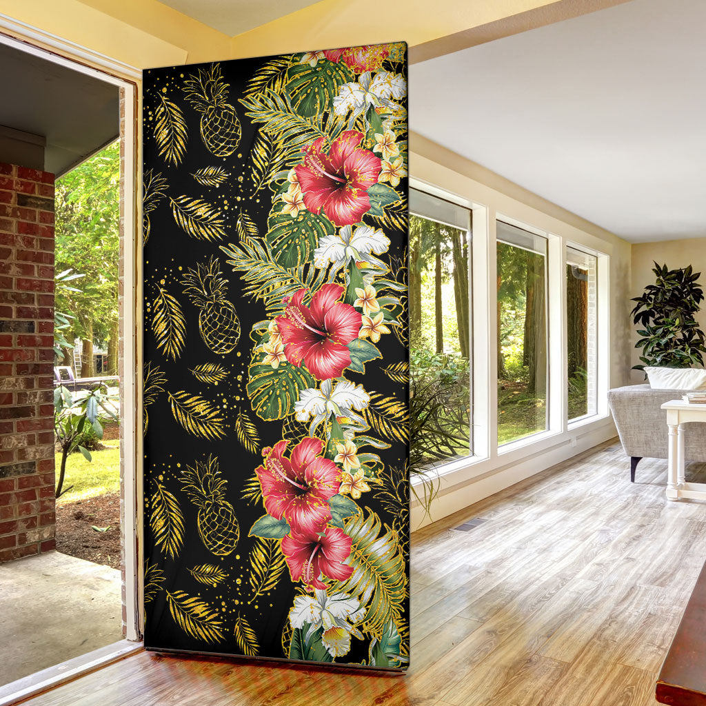 Hawaii Discoverers Day Door Cover Tropical Hibiscus Glitter Black LT05 - Polynesian Pride
