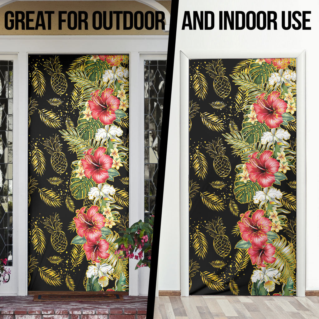 Hawaii Discoverers Day Door Cover Tropical Hibiscus Glitter Black LT05 - Polynesian Pride
