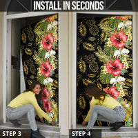 Hawaii Discoverers Day Door Cover Tropical Hibiscus Glitter Black LT05 - Polynesian Pride