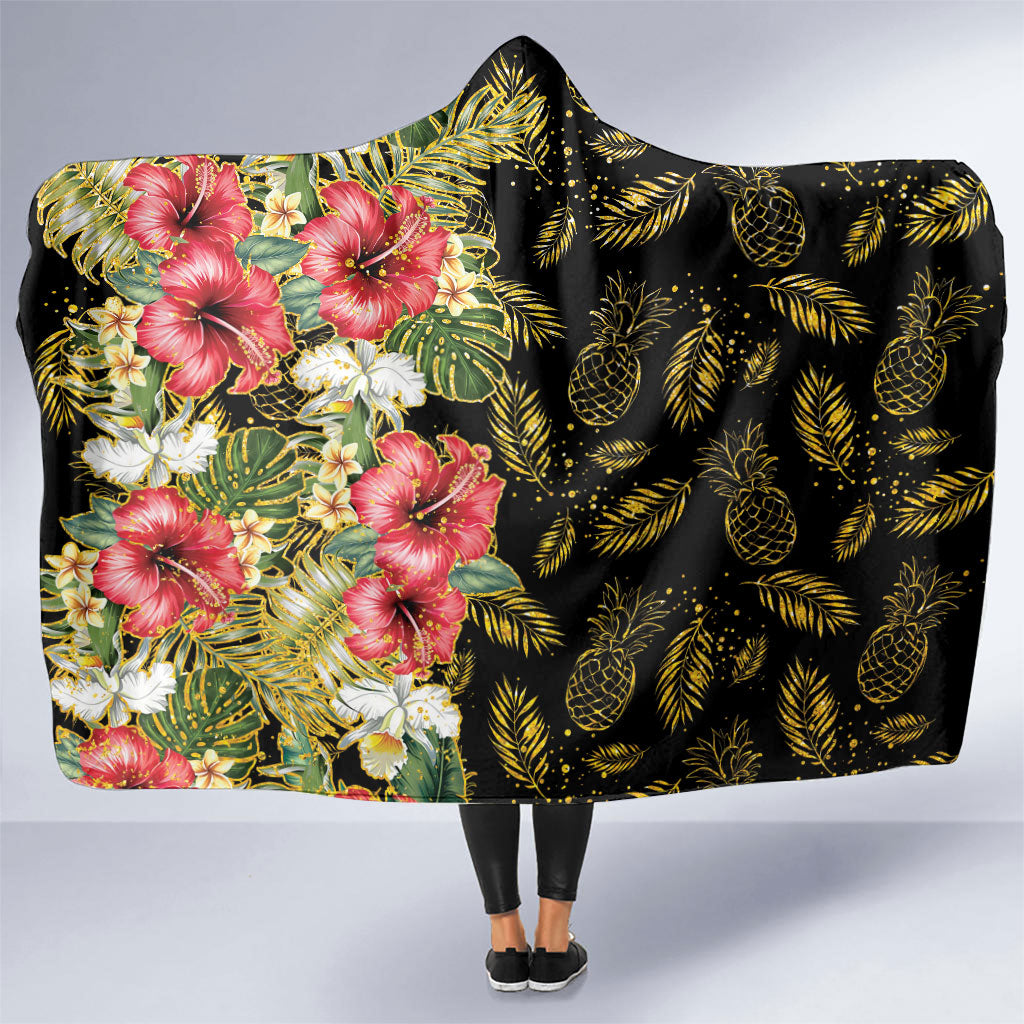 Hawaii Discoverers Day Hooded Blanket Tropical Hibiscus Glitter Black LT05 One Size Black - Polynesian Pride