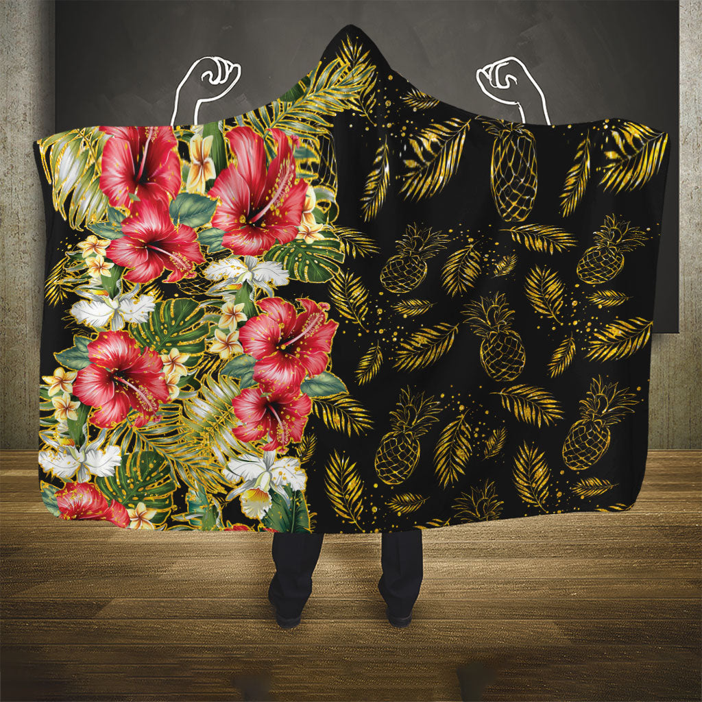 Hawaii Discoverers Day Hooded Blanket Tropical Hibiscus Glitter Black LT05 - Polynesian Pride