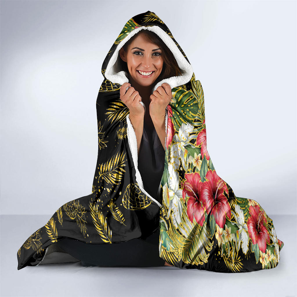 Hawaii Discoverers Day Hooded Blanket Tropical Hibiscus Glitter Black LT05 - Polynesian Pride
