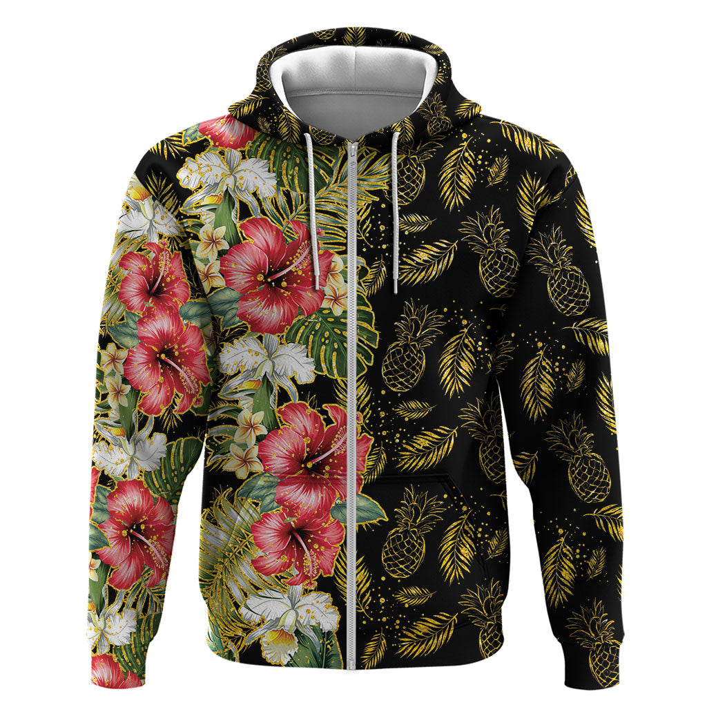 Hawaii Discoverers Day Hoodie Tropical Hibiscus Glitter Black LT05 Zip Hoodie Black - Polynesian Pride