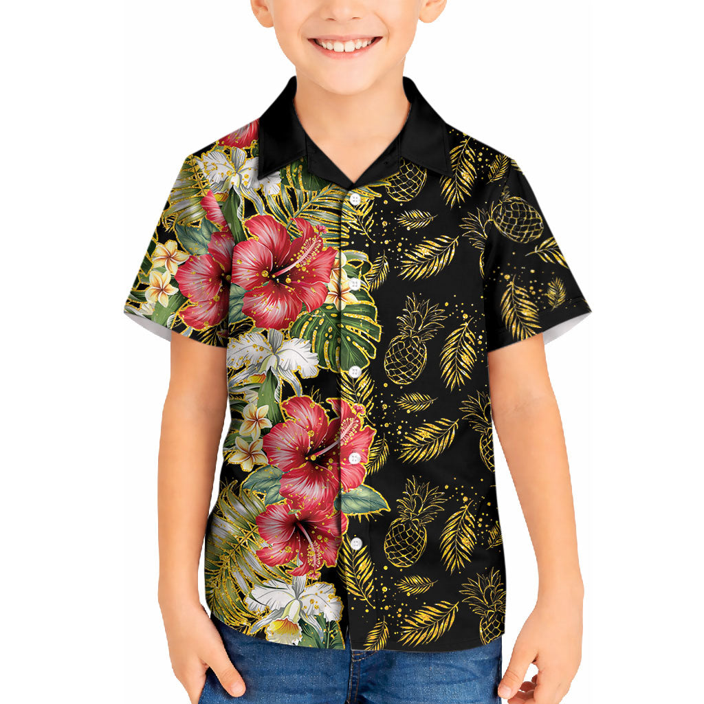 Hawaii Discoverers Day Kid Hawaiian Shirt Tropical Hibiscus Glitter Black LT05 Kid Black - Polynesian Pride