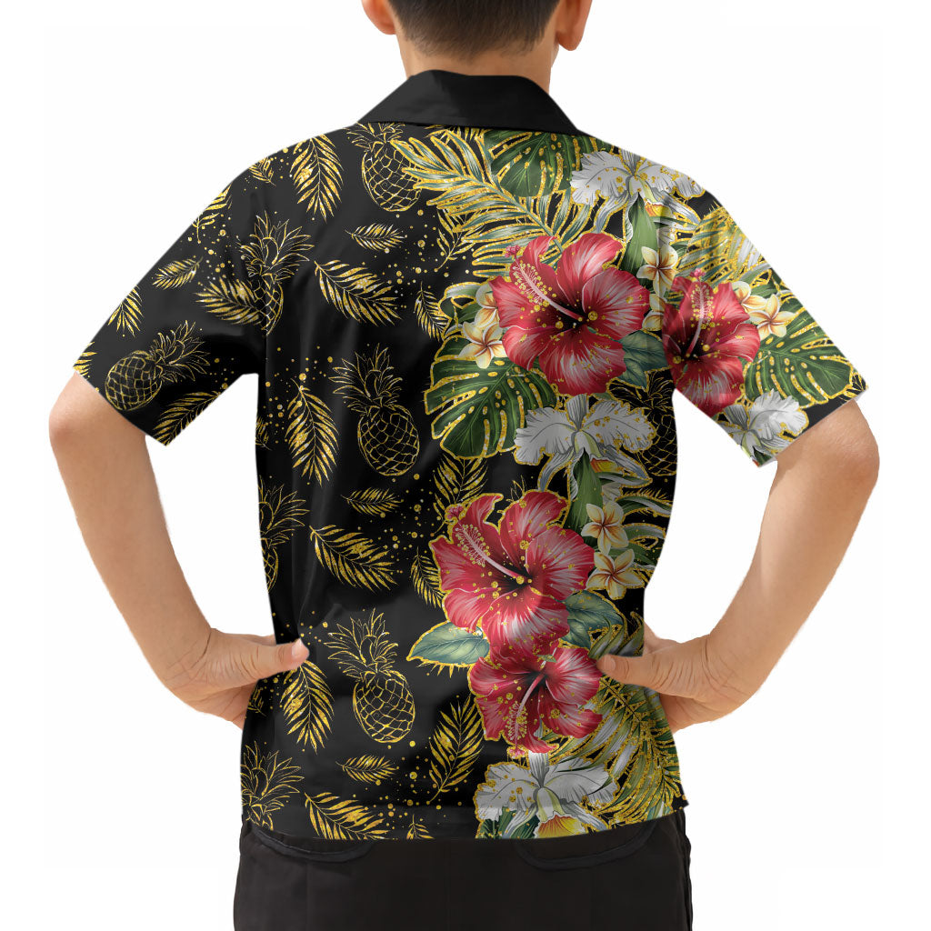 Hawaii Discoverers Day Kid Hawaiian Shirt Tropical Hibiscus Glitter Black LT05 - Polynesian Pride