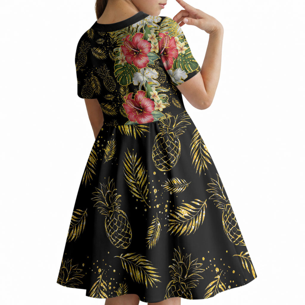Hawaii Discoverers Day Kid Short Sleeve Dress Tropical Hibiscus Glitter Black LT05 - Polynesian Pride