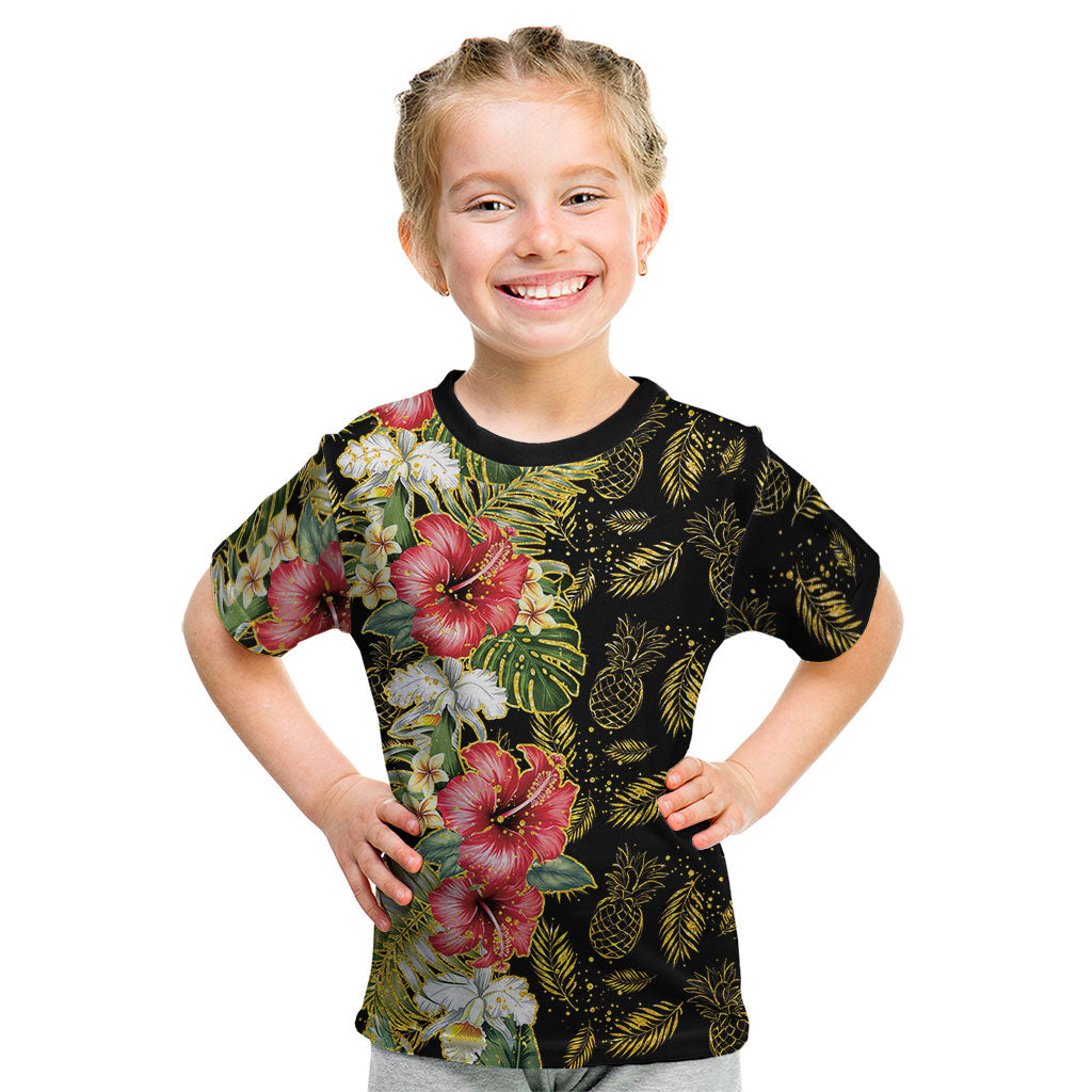 Hawaii Discoverers Day Kid T Shirt Tropical Hibiscus Glitter Black LT05 Black - Polynesian Pride