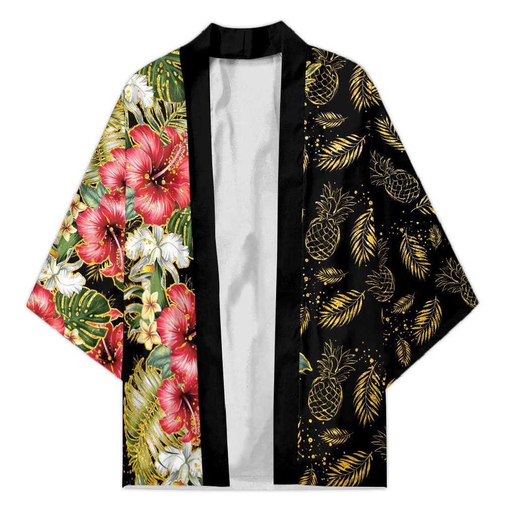 Hawaii Discoverers Day Kimono Tropical Hibiscus Glitter Black LT05 Unisex Black - Polynesian Pride