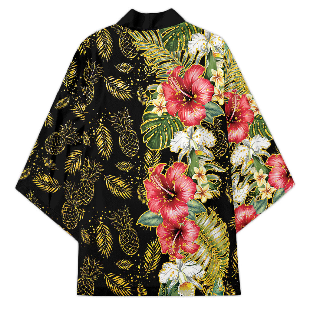 Hawaii Discoverers Day Kimono Tropical Hibiscus Glitter Black LT05 - Polynesian Pride