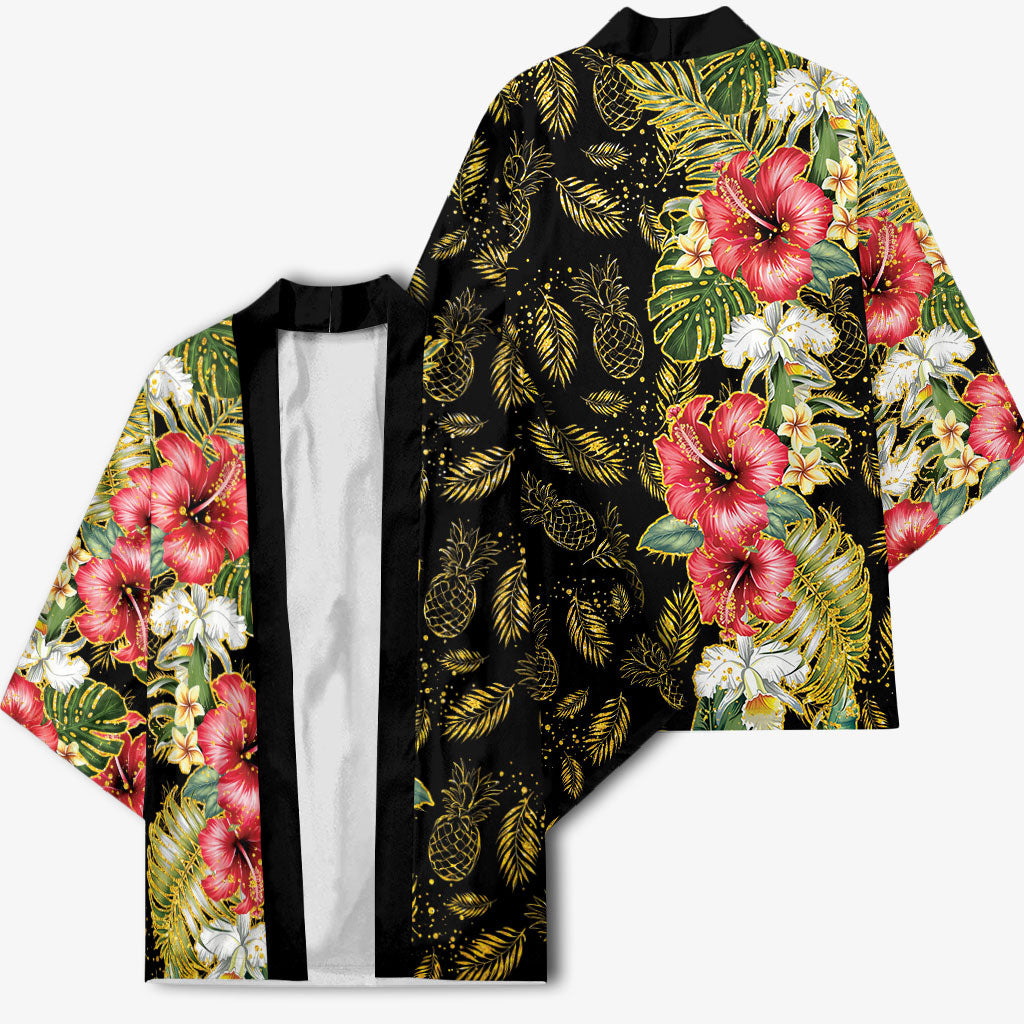Hawaii Discoverers Day Kimono Tropical Hibiscus Glitter Black LT05 - Polynesian Pride