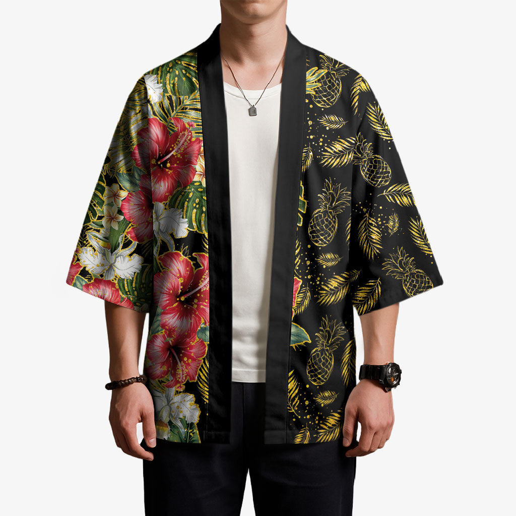 Hawaii Discoverers Day Kimono Tropical Hibiscus Glitter Black LT05 - Polynesian Pride