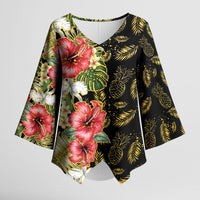 Hawaii Discoverers Day Kimono Sleeve Blouse Tropical Hibiscus Glitter Black LT05 Female Black - Polynesian Pride