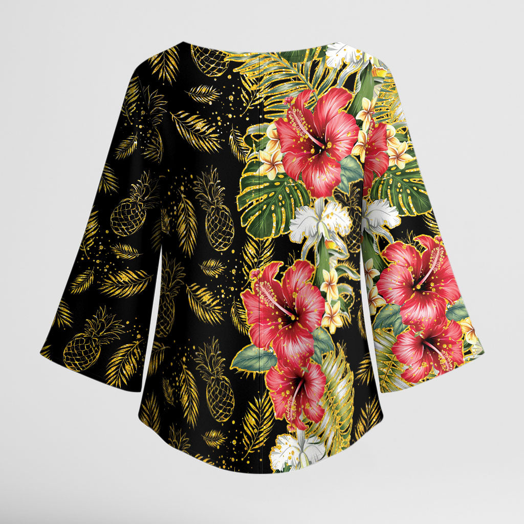 Hawaii Discoverers Day Kimono Sleeve Blouse Tropical Hibiscus Glitter Black LT05 - Polynesian Pride