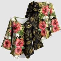 Hawaii Discoverers Day Kimono Sleeve Blouse Tropical Hibiscus Glitter Black LT05 - Polynesian Pride