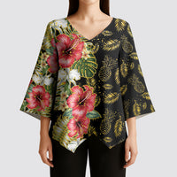 Hawaii Discoverers Day Kimono Sleeve Blouse Tropical Hibiscus Glitter Black LT05 - Polynesian Pride
