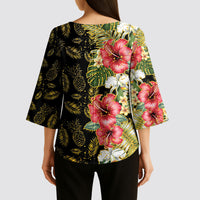 Hawaii Discoverers Day Kimono Sleeve Blouse Tropical Hibiscus Glitter Black LT05 - Polynesian Pride