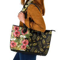 Hawaii Discoverers Day Leather Tote Bag Tropical Hibiscus Glitter Black LT05 Black - Polynesian Pride