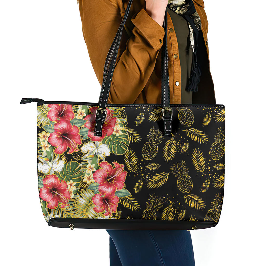 Hawaii Discoverers Day Leather Tote Bag Tropical Hibiscus Glitter Black LT05 - Polynesian Pride