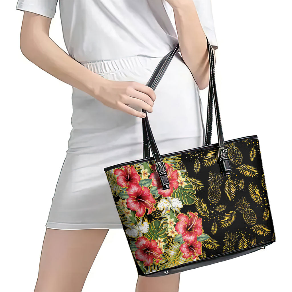 Hawaii Discoverers Day Leather Tote Bag Tropical Hibiscus Glitter Black LT05 - Polynesian Pride