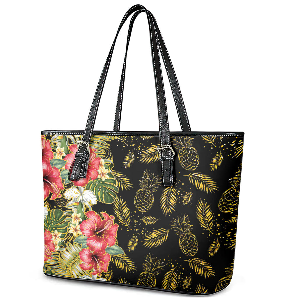 Hawaii Discoverers Day Leather Tote Bag Tropical Hibiscus Glitter Black LT05 - Polynesian Pride