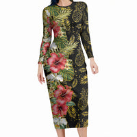 Hawaii Discoverers Day Long Sleeve Bodycon Dress Tropical Hibiscus Glitter Black LT05 Long Dress Black - Polynesian Pride