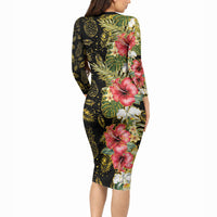 Hawaii Discoverers Day Long Sleeve Bodycon Dress Tropical Hibiscus Glitter Black LT05 - Polynesian Pride