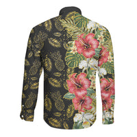 Hawaii Discoverers Day Long Sleeve Button Shirt Tropical Hibiscus Glitter Black LT05 - Polynesian Pride