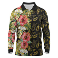 Hawaii Discoverers Day Long Sleeve Polo Shirt Tropical Hibiscus Glitter Black LT05 Black - Polynesian Pride