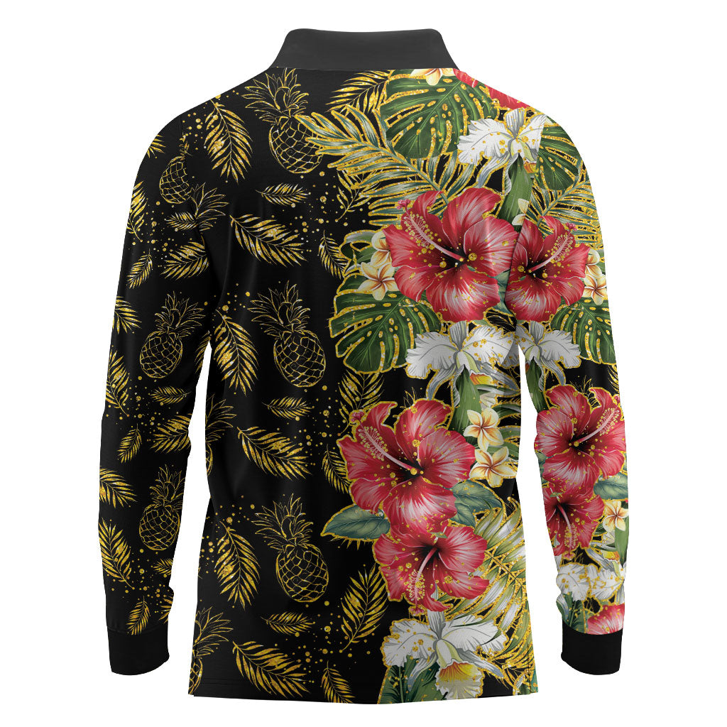 Hawaii Discoverers Day Long Sleeve Polo Shirt Tropical Hibiscus Glitter Black LT05 - Polynesian Pride