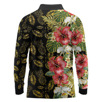 Hawaii Discoverers Day Long Sleeve Polo Shirt Tropical Hibiscus Glitter Black LT05 - Polynesian Pride